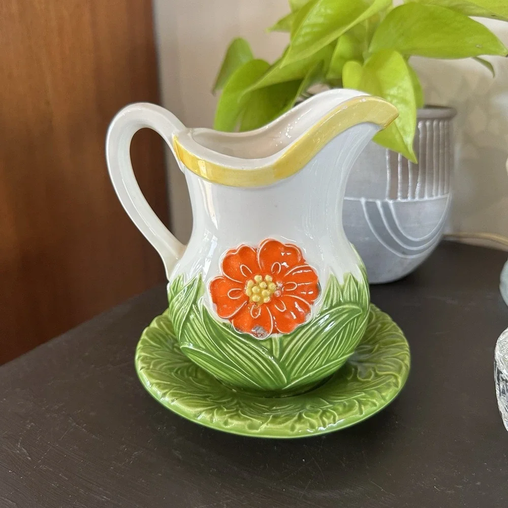 VTG Hand Painted Ceramic Floral Lady Bug Vase Pitcher & Plate Set Cottagecore